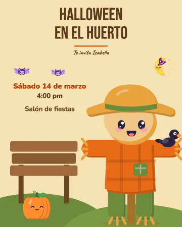 El espantapájaros amable. Un espantapájaros sonriente en el huerto con un cuervito amigo, una calabaza de carita, murciélagos y una luna.