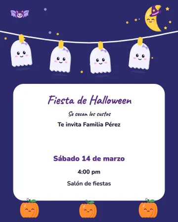 Fantasmitas en el tendedero. Cuatro fantasmitas secándose en el tendedero bajo la luna.