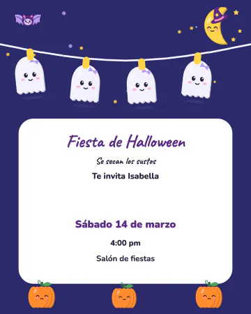 Fantasmitas al sol. Cuatro fantasmitas cuelgan de un tendedero bajo una luna con gorrito, con calabacitas y un murciélago.
