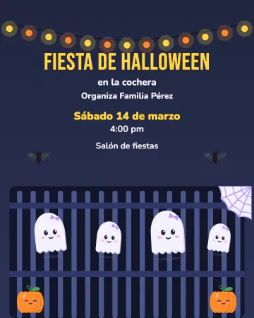 Fiesta en la cochera. El portón con foquitos, fantasmas de tela y calabazas.