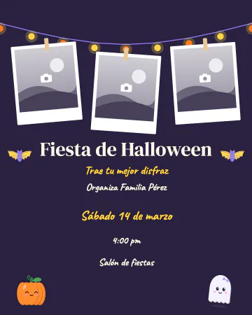 Fotos y foquitos. Tres fotos colgadas de una serie de luces, con calabaza y fantasmita.