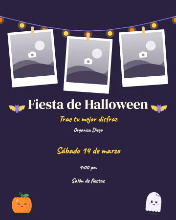 Fotos en el tendedero de luces. Tres fotos colgadas con pinzas de un hilo de foquitos amarillos, con calabaza, fantasmita y murciélagos.