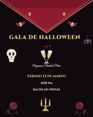 Gala de vampiros. Capa, candelabro, copas y rosas secas en vino y dorado.