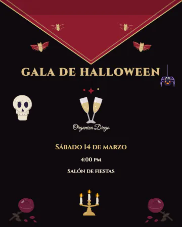Gala de vampiros. Cuello de capa alto con murciélagos, copas, candelabro y rosas secas en vino y dorado.