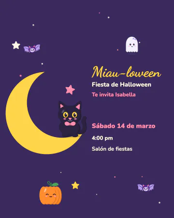 Gatito en la luna. Un gatito negro sentado en una luna creciente, con calabaza, murciélagos y un fantasmita.