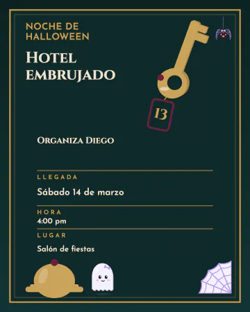 Hotel de medianoche. Un hotel embrujado: llave antigua con llavero del 13, campanita de mostrador, fantasmita y telaraña.