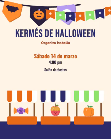 Kermés de Halloween. Banderines, puestos con toldo y boletos: la kermés de la escuela con su toque de Halloween.