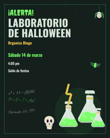 El laboratorio. Matraces verdes que burbujean, un rayo, una calavera y fórmulas en el pizarrón: un laboratorio de Halloween de científi…