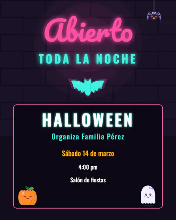 Abierto toda la noche. Un letrero de neón en pared de ladrillo, con murciélago, calabaza y fantasmita.