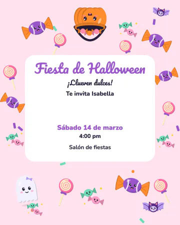 Lluvia de dulces. Una cubeta de calabaza volteada deja caer dulces, un fantasmita y murciélagos por todos lados.