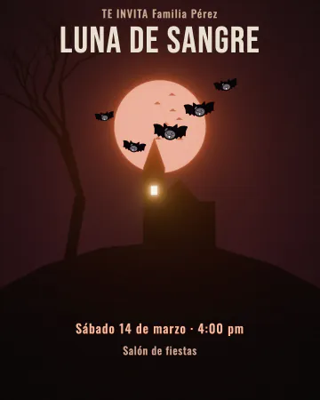 Luna de sangre. Una luna roja enorme sobre una casona y un árbol seco, con murciélagos que la cruzan.