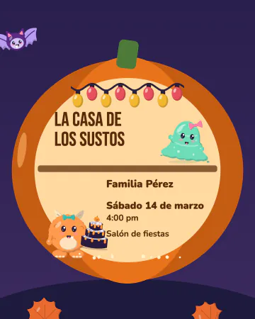Dentro de la calabaza. Una calabaza gigante partida a la mitad, con fiesta de monstruitos en dos pisos.
