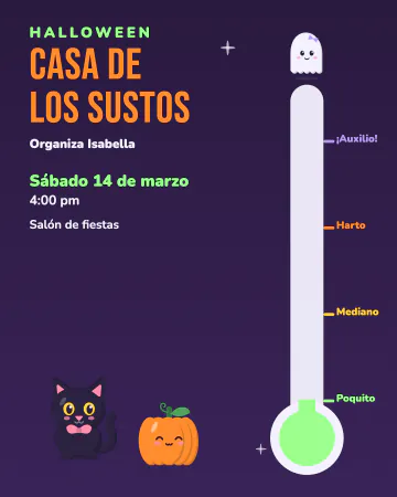 Medidor de sustos. Un termómetro de miedo que marca "poquito", con un fantasmita, un gatito negro y una calabaza.
