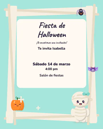 Abrazos de momiecita. Una momiecita se recarga en un marco de vendas con el texto adentro, con calabaza, araña y murciélago.