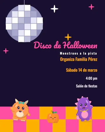 Monstruos a la pista. Bola disco, pista de colores y dos monstruitos bailando.