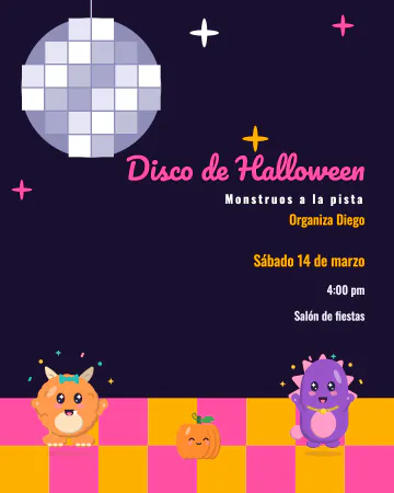 Monstruos a la disco. Una bola disco plateada sobre una pista de cuadros de colores, con destellos, dos monstruitos bailando y una calabaza.