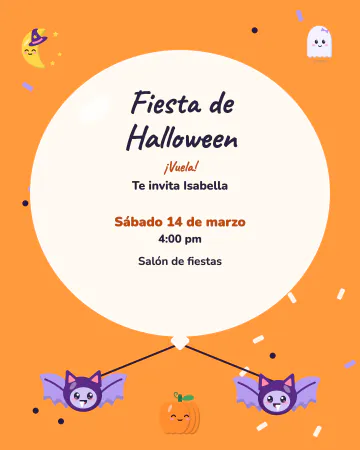 Murcielaguitos con globos. Dos murcielaguitos sostienen un globo enorme que lleva toda la invitación, con calabaza, luna y fantasmita.