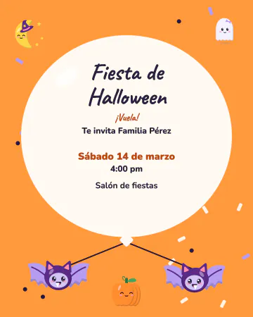 Murcielaguitos con globo. Dos murcielaguitos cargan un globo enorme con toda la invitación.