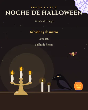 Noche de velas. Un candelabro, velas chiquitas y un cuervo sobre una mesa de madera oscura.