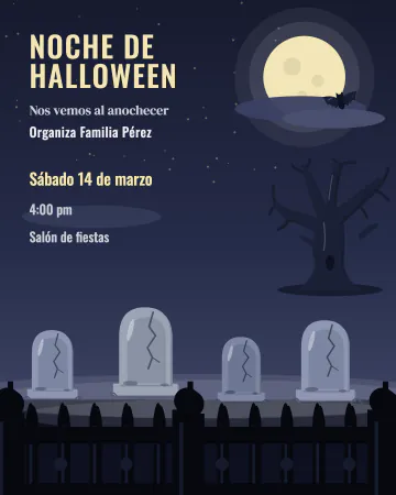El panteón. Lápidas y reja bajo la luna llena, como de película antigua.