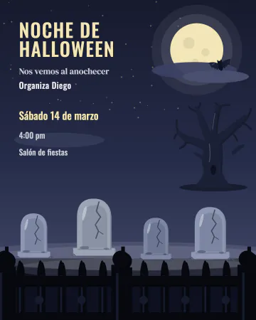 El panteón. Lápidas y reja en primer plano bajo una luna entre nubes.