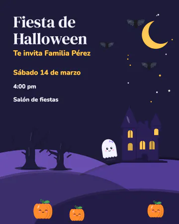 Casona embrujada. Una casona entre árboles secos, calabazas y murciélagos, en papel morado recortado.