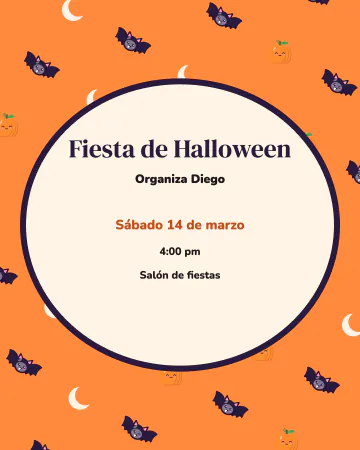 Papel tapiz de murciélagos. Un patrón de murciélagos, lunas y calabazas en diagonal sobre naranja, con una etiqueta ovalada al centro para tu invit…