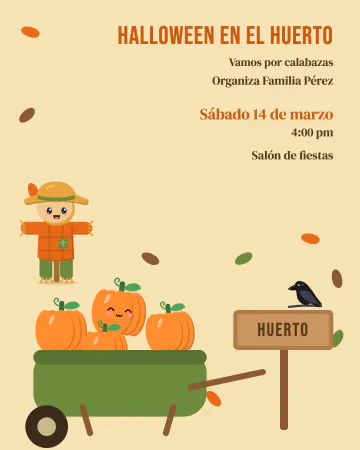 Vamos por calabazas. Carretilla de calabazas, espantapájaros y cuervo.