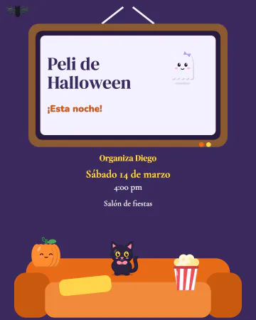Peli en familia. Una sala con sillón, palomitas y un fantasmita saludando desde la tele, con calabaza y gatito negro en el sillón.