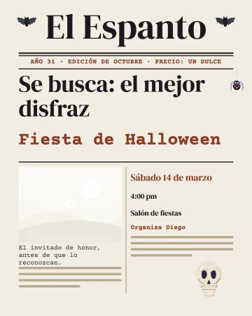 El diario del espanto. Un periódico con el titular «Se busca: el mejor disfraz», «Fiesta de Halloween», un lugar para tu foto con su pie, murc…