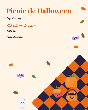 Picnic de otoño. Un mantel de cuadros naranja y negro con hojas secas, calabaza, cubeta de dulces, fantasmita y murciélagos.
