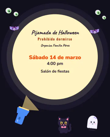 Pijamada con linterna. Todo a oscuras menos la luz de la linterna, y unos ojitos que miran.
