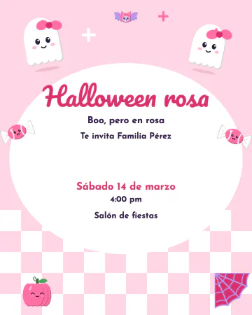 Halloween rosa. Fantasmitas de moño, calabaza y telaraña, todo en rosa pastel.