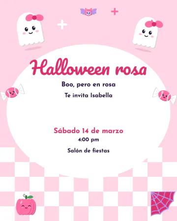 Halloween rosa. Rosa pastel con fantasmitas de moño, calabaza, murciélago, telaraña y cuadritos.