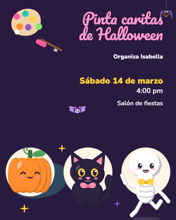 Pinta caritas. Una paleta de pinturas para la cara, un pincel y tres caritas pintadas de calabaza, gato y esqueleto.