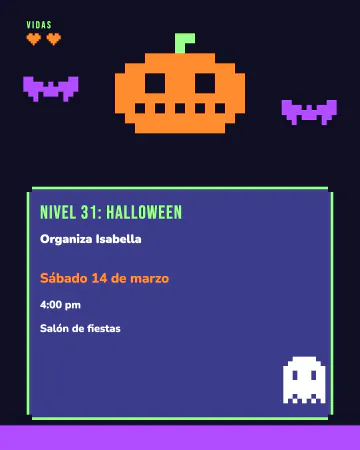 Nivel 31. Una calabaza, un fantasma, una luna y dos monstruitos de pixeles en una pantalla de juego, con vidas y un recuadro de d…