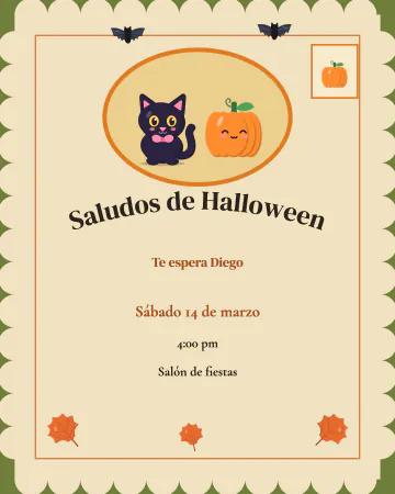 Postal antigua. Una postal de otros tiempos, con borde de picos, un gatito negro y una calabaza sonriente en un óvalo, murciélagos y ho…
