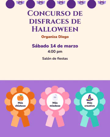 Premios al disfraz. Tres moños de premio con calabaza, fantasmita y sombrero de bruja: el más chistoso, el más miedoso y el más creativo.