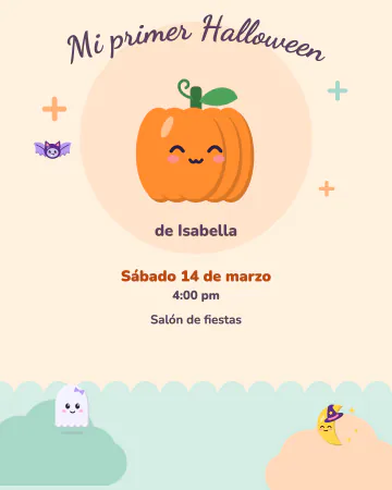 Mi primer Halloween. Una calabacita con carita, un fantasmita y una lunita entre nubes suaves para celebrar el primer Halloween del bebé.