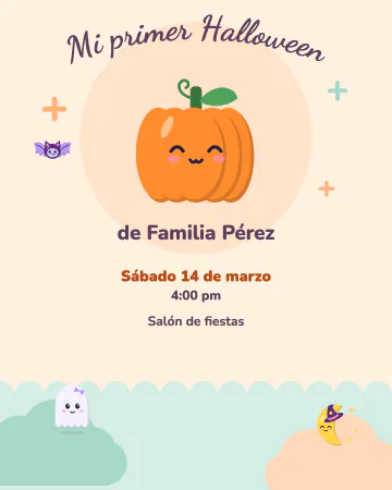 Mi primer Halloween. Una calabacita, un fantasmita y una lunita entre nubes.
