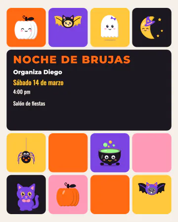 Rejilla de íconos. Cuadritos de colores con dibujos planos de calabaza, murciélago, luna, araña y caldero, y un cuadro grande para tu invi…