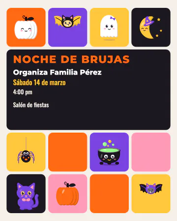 Cuadritos de Halloween. Cuadritos de colores con calabaza, murciélago, luna, araña y caldero.