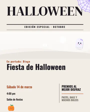 Portada de revista. La invitación como portada de revista de Halloween, con cabecera grande, tu foto, el titular de la fiesta, un fantasmit…