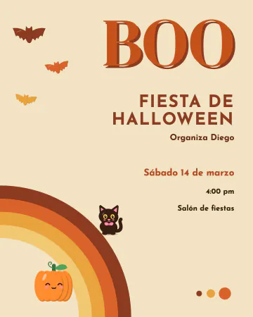 Boo setentero. Ondas de arcoíris en naranja, café y mostaza, un BOO redondo y grande, una calabaza, un gatito negro y murciélagos.