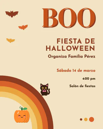 Halloween de los setenta. Arcoíris en naranja y café, un BOO grandote y un gatito negro.