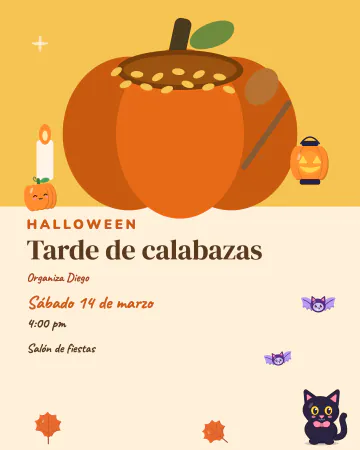 Tarde de calabazas. Una calabaza abierta con sus semillas, una cuchara y una velita, con un gatito negro y murciélagos.