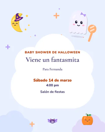 Viene un fantasmita. Baby shower de Halloween: un fantasmita con sonaja flota entre nubes y estrellitas, con una luna con gorrito, una calab…