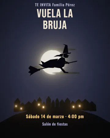 Vuela la bruja. Una bruja en escoba cruza la luna llena sobre un pueblo dormido.