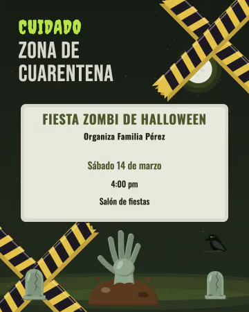 Zona zombi. Cintas de precaución y una mano saliendo de la tierra.