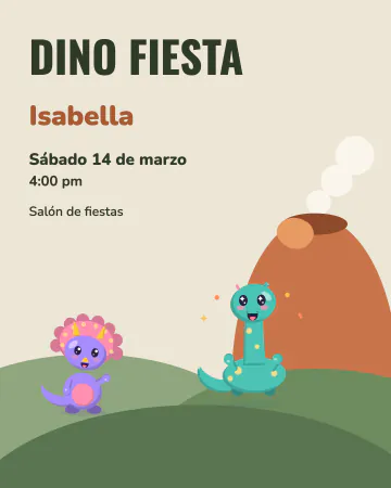 Dino fiesta. Dinosaurios tiernos entre volcanes y colinas, en verde y terracota.